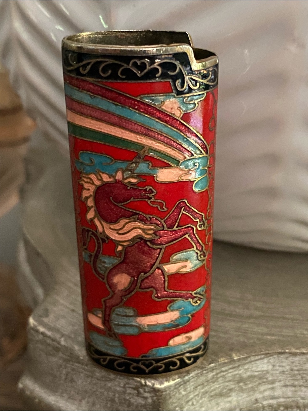 RARE Vintage Cloisonné Enamel Pretty Unicorn Rainbow Standard Lighter Cover Red